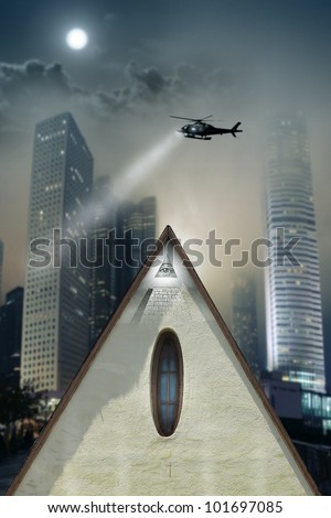 Concept photo of a pyramid shaped building with eye of providence in the midst of a gothic urban city with helicopter searching above