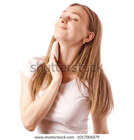 Beautiful young woman in the hands of a cosmetic sponge on a white background isolation