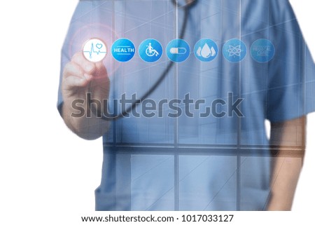 Doctor medicine with stethoscope in a hospital touching icon network connection with modern virtual screen interface, medical technology network concept.