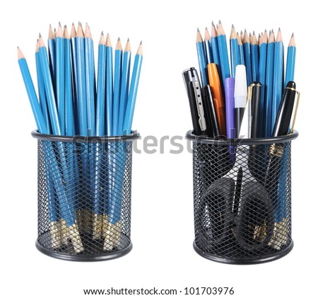  Collection of pencils, pens, markers, and a scissors isolated on white background