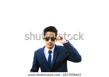 Portrait of Business man on Black suit, Southern Thai man on white isolated background texture, copy space for additional text.