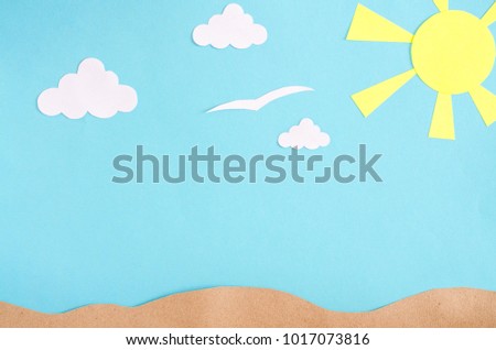 Summer background with  gulls and clouds. Paper cut.