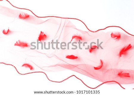 feathers, tulle and beads of red color on a white background. holiday concept, flat lay, top view