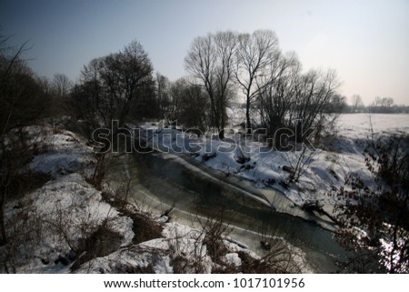 European winter landscape with snow and black leavless trees