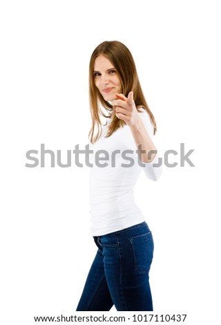 Woman pointing on white background