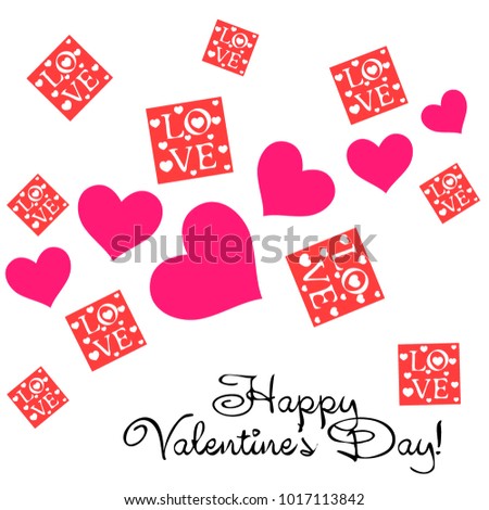 Greeting card day of St. Valentine. Abstract design, greeting card with the inscription love, hearts, gifts, vector.