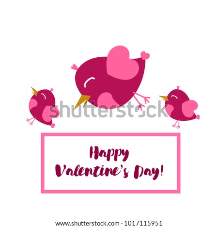 Greeting card day of St. Valentine. Abstract design, pink birds, hearts, gifts, vector.
