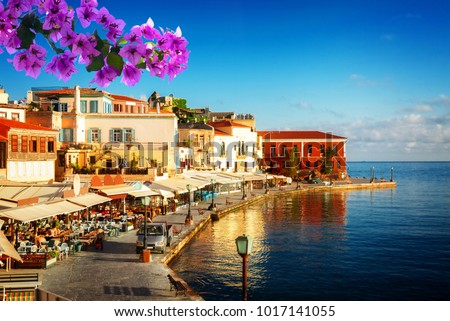 bay of Chania at sunny summer day, Crete Greece with flowers Royalty-Free Stock Photo #1017141055