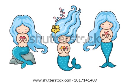 Collection of cute little mermaids with blue hair in different poses. Cartoon vector illustration.