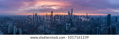 Panoramic Aerial View of Shanghai Skyline at Sunrise. China.