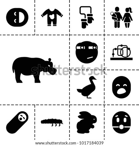 Cute icons. set of 13 editable filled cute icons such as rabbit, goose, rolling eyes emoji, newborn child, caterpillar, hippopotamus, baby onesie, baby toy, baby mitten