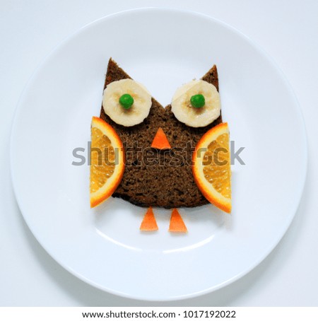 Food art. Funny breakfast or lunch for children. Bird owl from fruit on white plate.