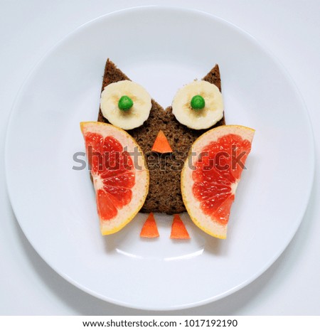 Funny bird owl from healthy food art. Creative idea for breakfast or lunch for children on white plate, top view.