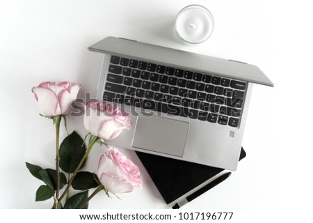 Use this stock photo of 3 pink roses, a laptop, black notebook and a candle to highlight your next blog post. Perfect for social media, including a Valentines Day Instagram photo!