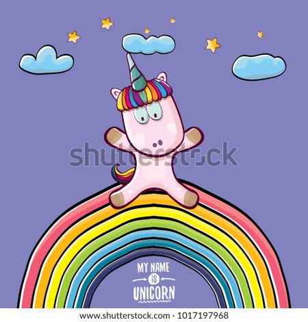 vector funny cartoon cute pink fairy unicorn sitting on rainbow in sky with clouds. My name is unicorn vector concept illustration. funky hand drawn kids background