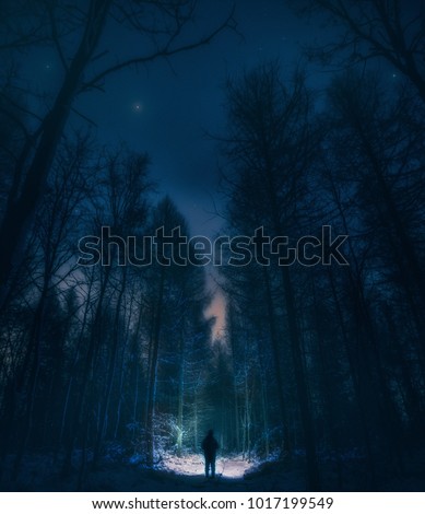 Surreal night forest landscape with alone strange man with flashlight. Horror scene.
