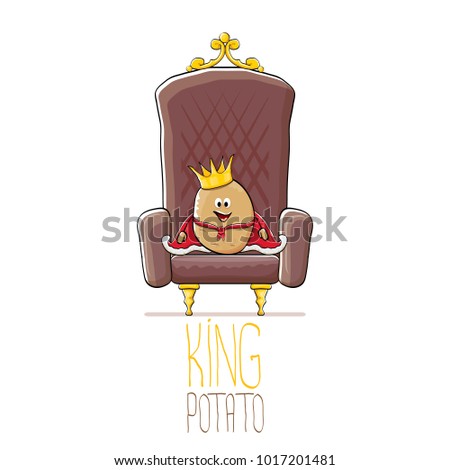 vector funny cartoon cool cute brown smiling king potato with golden royal crown and red mantle or cape sitting on brown throne isolated on white background. vegetable funky food drawn character