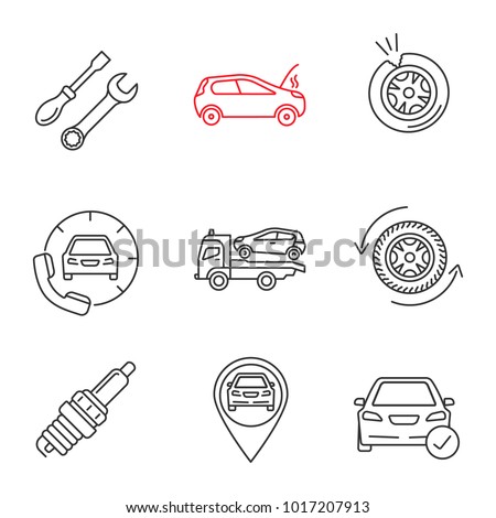 Auto workshop linear icons set. Repair service, broken car, tire puncture, assistance, tow truck, wheel, spark plug, gps, total check. Thin line contour symbols. Isolated vector outline illustrations Royalty-Free Stock Photo #1017207913