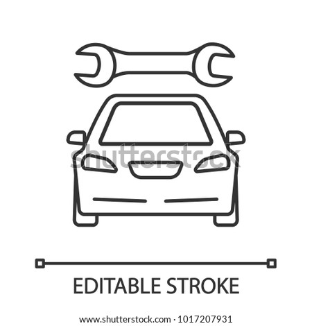 Car with spanner linear icon. Auto workshop. Thin line illustration. Repair service. Contour symbol. Vector isolated outline drawing. Editable stroke