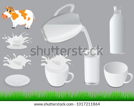 Milk.Natural dairy products. 3d vector object set.Set of splashing and pouring milk, bottle, jug, glass, packaging carton.