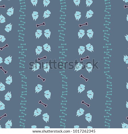 Colorful dog footprint and bone trail seamless pattern. Cute paw bone seamless template, isolated on contrast color backdrop. Drawn silhouette vector for business purposes or flyer print.