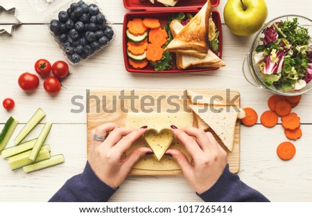 Preparing healthy vegetarian snacks on white rustic wood. Female hands making sandwiches and putting into take away plastic lunch box, top view. Eating right, picnic and food storage concept Royalty-Free Stock Photo #1017265414