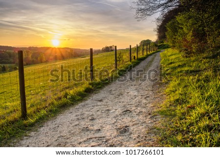 Sun setting over a rural footpath in the Chess Valley, Chiltern Hills.  Royalty-Free Stock Photo #1017266101