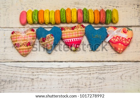 hearts made of fabric and candy in the background, holiday concept , children , women's day, Valentine's day