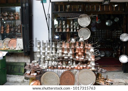 Bazaar with souvenirs in old Sarajevo marketplace. Sarajevo, Bosnia and Herzegovina.