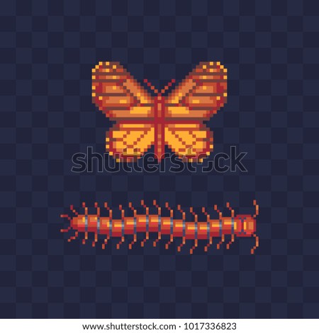 Insects set. Pixel art 80s style icons. Element design for stickers, logo, embroidery, mobile app. Video game assets 8-bit sprite. Butterfly and caterpillar. Isolated vector illustration.