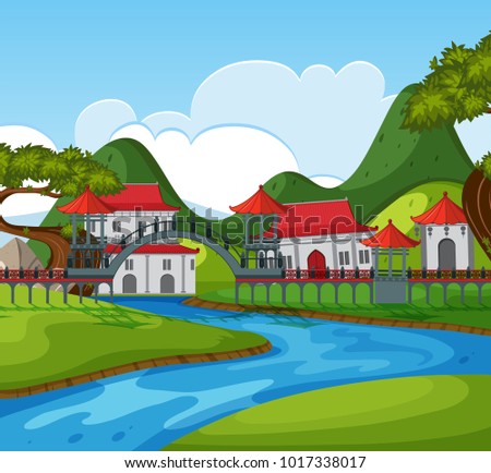 Chinese architectures along the river illustration