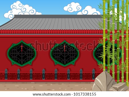 Chinese building with red wall and bamboo in garden illustration