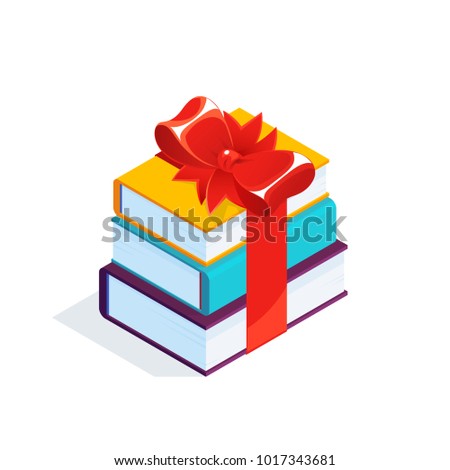 Isometric stack of books isolated on white background. 3d pile of books tied with a red bow. Vector illustration.