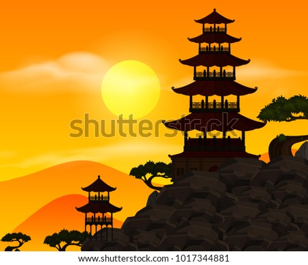 Background scene with silhouette building at sunset