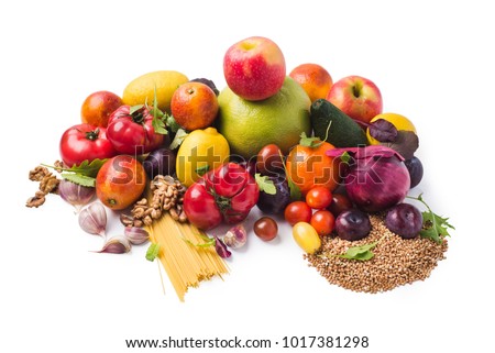 Fresh fruits, vegetables, grains and plants isolated over white, clipping path Royalty-Free Stock Photo #1017381298