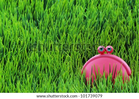 Happy lilac money purse on the green grass