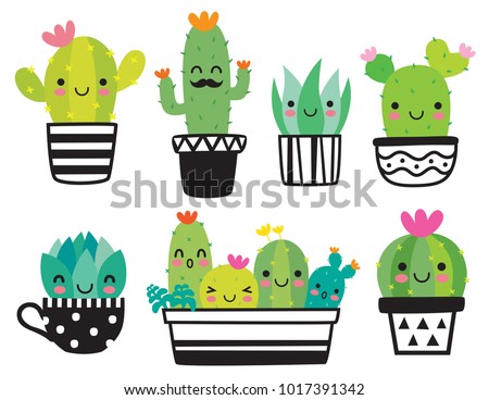 Cute succulent or cactus plant with happy face vector illustration set. Royalty-Free Stock Photo #1017391342