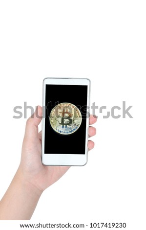 Unidentified woman hand showing smartphone have golden bit coin on screen  isolated on white with clipping path, financial investment concept.