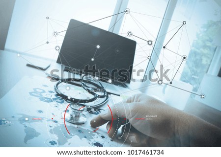 Concept of target focus digital diagram,graph interfaces,virtual UI screen,connections netwoork.medical doctor woork analist working at modern hospital