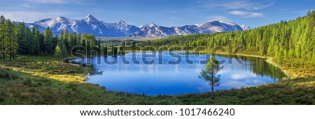 Mountain landscape, lake and mountain range, large panorama, Altai Royalty-Free Stock Photo #1017466240