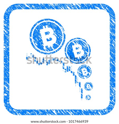 Bitcoin Deflation Chart rubber seal stamp imitation. Icon vector symbol with grunge design and corrosion texture inside rounded square. Scratched blue emblem on a white background.