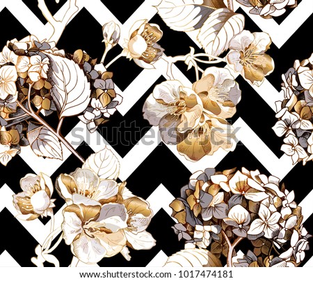 Floral Seamless pattern with image of a gold Hydrangea, Cherry flowers and leaves on a black and white geometry background. Vector illustration.
