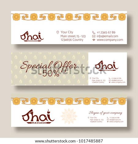 A template for the set of banners with special offer, sale, discount or gift card for a Thai massage salon, decorated with traditional Thai ornaments. Stock vector illustration.

