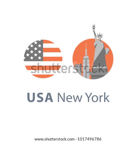 New York symbol, travel destination, famous landmark, statue of liberty, United States of America, English education concept, American language learning, vector icon, flat illustration