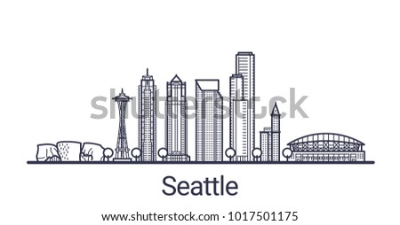 Linear banner of Seattle city. All buildings - customizable different objects with clipping mask. Line art.