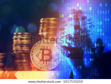 Businessman and Bitcoin cryptocurrency, blockchain technology and decentralized monetary system concept