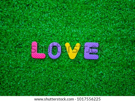 The colorful text on the lawn background