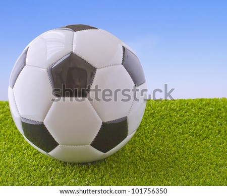 White and black football over grass and blue sky