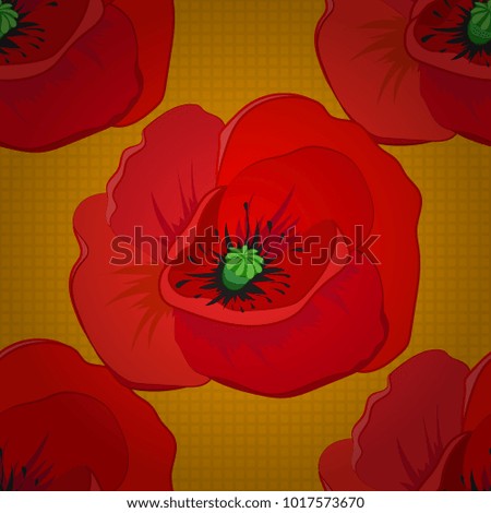 Seamless Floral Pattern in gray, red and yellow colors. Vector poppy flowers seamless pattern.