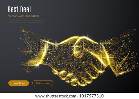 Low poly illustration of the Business handshake with a golden dust effect. Sparkle stardust. Glittering vector with gold particles on dark background. Polygonal wireframe from dots and lines. Royalty-Free Stock Photo #1017577510